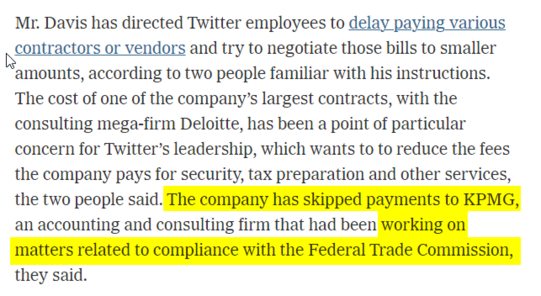 NYT article saying: The company has skipped payments to KPMG, an accounting and consulting firm that had been working on matters related to compliance with the Federal Trade Commission, they said.