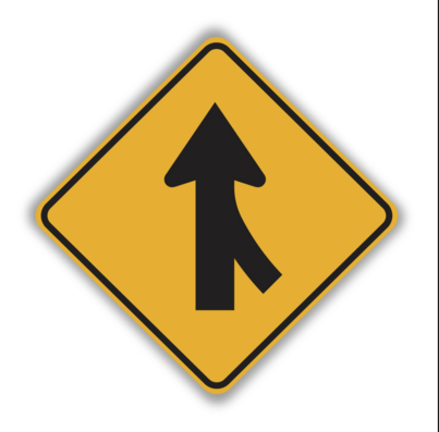 A black-on-yellow advisory merge sign, in which a single arrow points up and has an offshoot stem to the lower right indicating the entrance ramp merges with traffic