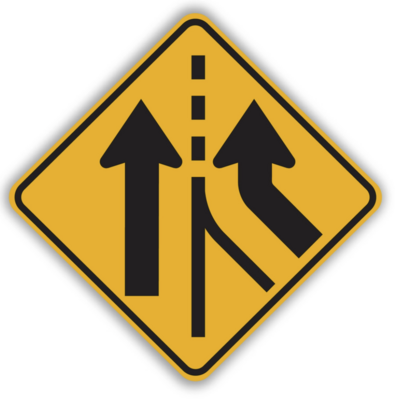 Another black-on-yellow advisory sign with two arrows next to each other (the left one straight, the right one curving into a parallel path with the first) with a dashed line separating them. This indicates entering traffic has their own lane added and there is no immediate need to merge.