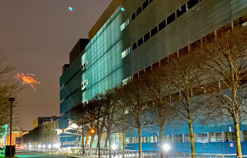 The MPI-CBG at night with fireworks.