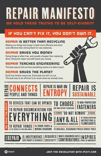 The Repair Manifesto: We hold these truths to be self-evident. If you can't fix it, you don't own it.
Repair is better than recycling: Making our things last longer is both more efficient & more cost-effective than mining them for raw materials.
Repair saves you money.
Repair teaches engineering.
Repair saves the planet. 
Repair connects people & things.
Repair is war on entropy. 
Repair is sustainable.
We have the right to: devices that can be opened; to repair documents for everything; More but print too fine.