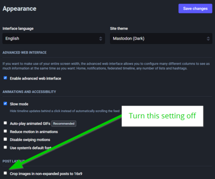 A screenshot showing the Mastodon Settings Appearance page with the "Crop images in non-expanded posts to 16x9" turned off.