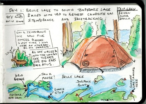 A watercolor travel journal should day 1 on a trip. It lists the lakes we paddled, shows a tent in the trees and a basic drawing of a moose. There's a watercolor map of Brule Lake along the bottom of the page.