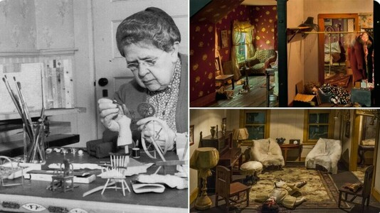 A compilation of photos of various crime scene dioramas that Frances Glessner Lee created.