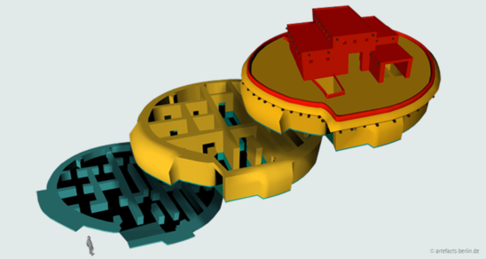 The image shows three different levels of a reconstruction of the Round House in Tepe Gawra. Green is relatively sure, yellow is a good guess and red is totally made up. © artefacts-berlin.de