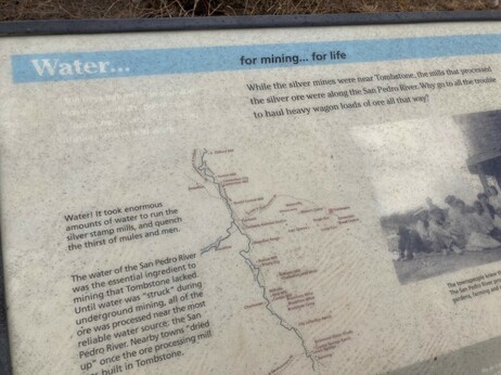 Informational sign with line drawing map of San Pedro River and historical photographs.