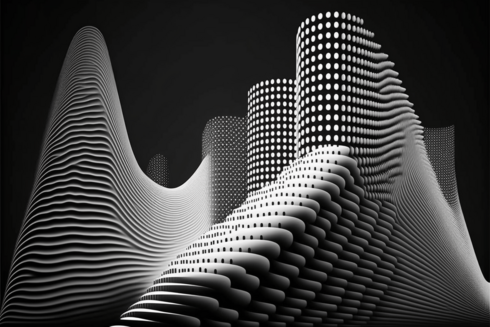 Three-dimensional lines, dots, and forms in black and white; geometrical and abstract, not representing anything specific.