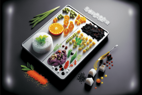 A tray sitting on a shiny surface. On the tray and the surface are various finely-rendered small food objects; some tiny oranges, reddish dust and green leaves in vaguely the form of a carrot, some small sugar crystals with particles on them, small spheres, discs of rice, and that sort of thing.