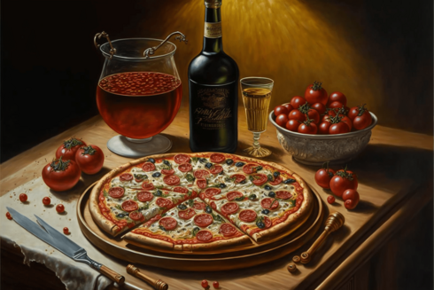 In the style of a classical oil still-life, a pepperoni pizza on a round pizza pan, sitting on a table surrounded by tomatoes, a liquor bottle and a glass, and a pitcher of perhaps sangria. An odd two-bladed knife sits beside it on the table.