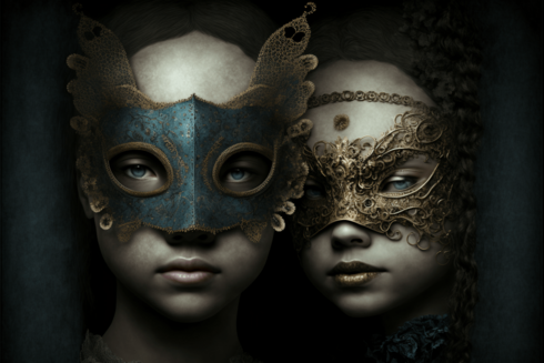 Two masked faces; the rather elegant masks cover only the center of the face; mouths and foreheads are visible. The faces seem to have impassive expressions, looking out at us from the image. The masks are perhaps old brass; one has a green patina over most of it.