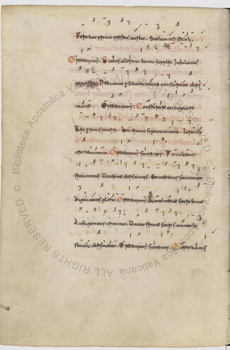 A page of liturgical music in Beneventan script and neumes from Barb.lat.631 f.58v, a Pontificale from Montecassino