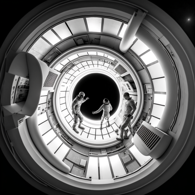 3 space suited figures stand in a circular passageway.