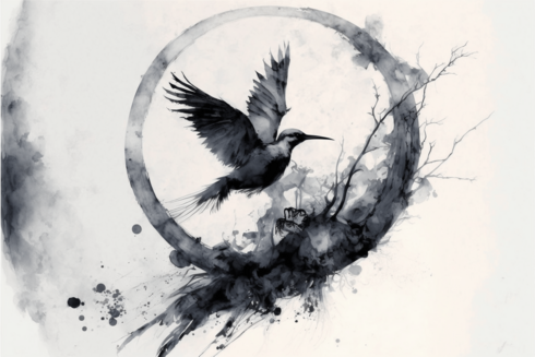 An ink wash on white paper, showing a bird landing on or taking off from a clump of branches and leaves, against an abstract circle behind them.