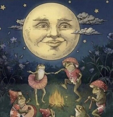 fancifully dressed frogs dancing around a campfire under a benevolent moon