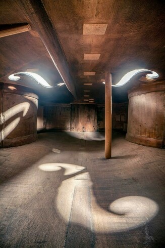 Interior view of a cello with light streaming through the f-holes.