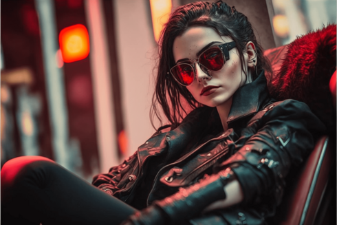 A woman relaxing in a lounge chair, her head tilted forward looking slightly down at us. She wears a leather and metal jacket and high-tech red sunglasses, has several accessories in the ear that we can see, and her hair is swept up and over her head away from us. The background is blurry and rather urban-looking.