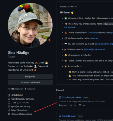Partial screenshot of my GitHub profile. Where there used to be a Twitter link, there's now a Mastodon link.