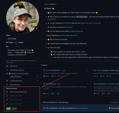 Partial screenshot of my GitHub profile, with the profile editor open. There's now space for four "social accounts" that are free form link entry fields. The only thing currently added there is the link to my Mastodon profile here.