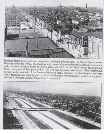 Before and After newspaper clipping showing the destruction of a thriving Black neighborhood on Detroit's Hastings street.
