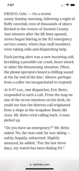 A skier’s Apple Watch keeps calling the police and reporting he has an emergency when he is unharmed and happily skiing