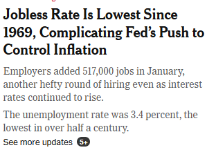 Jobless Rate Is Lowest Since 1969, Complicating Fed’s Push to Control Inflation

Employers added 517,000 jobs in January, another hefty round of hiring even as interest rates continued to rise.

The unemployment rate was 3.4 percent, the lowest in over half a century.

‘See more updates @