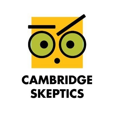 Cambridge Skeptics logo. A yellow square with a stylised, quizzical face with green circular eyes, lines for eyebrows with one at a slant, and a dot for a mouth.
