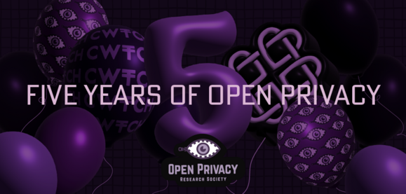 Banner showing a number of balloons representing Open Privacy projects like Cwtch. The banner headline is: Five Years of Open Privacy