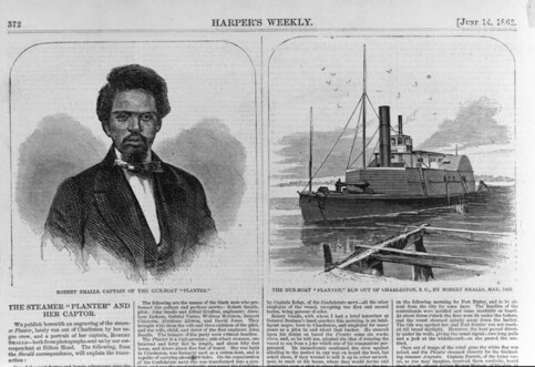 Illustration consisting of two panels above an article segment from Harper's Weekly of June 14, 1862. 

A portrait of US Navy Captain Robert Smalls is on the left, the Conferate gunboat CSS Planter captured by Captain Smalls in a daring action on the left. 

Quoted from Old Salt Blog: 

"On May 13, 1862, Robert Smalls, a 23-year-old slave, who served as the pilot of the Confederate armed transport, CSS Planter, led eight fellow slaves in an audacious flight to freedom. They seized the CSS Planter, steamed it out past the batteries and forts of Charleston harbor, and turned it over to the Union naval blockade.  Smalls would go on to become the first black captain of a U.S. Navy vessel, a South Carolina State Legislator, a Major General in the South Carolina Militia, a five-term U.S. Congressman, and a U.S. Collector of Customs."