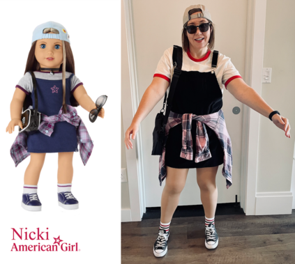 American Girl Doll Nicki next to American Woman Human Alice. Both wearing a baseball cap, ringer tee, jumper dress, flannel shirt, tube socks, and sneakers.