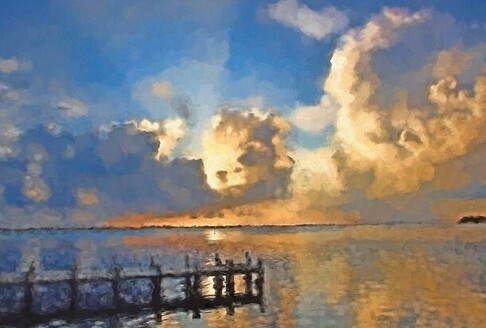 A painterly image from a photograph of a golden sunrise over the Florida west coast Intracoastal Waterway.  A small dock can be seen in the foreground.