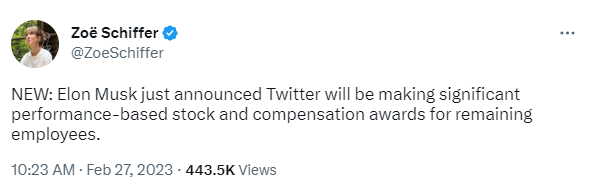 @ZoeSchiffer NEW: Elon Musk just announced Twitter will be making significant performance-based stock and compensation awards for remaining employees.