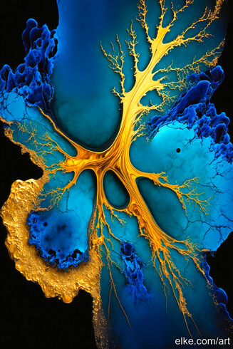 Decorative blue and golden abstract art, alcohol ink style.
