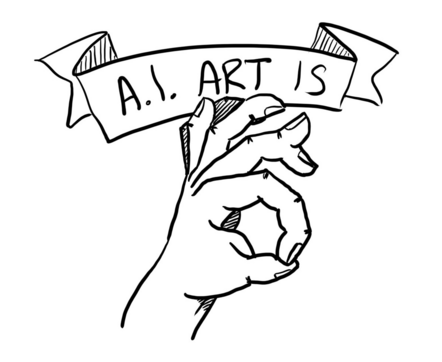 a ribbon reading "AI art is", above a hand doing the "ok" symbol, with too many fingers which are all twisted and misconfigured