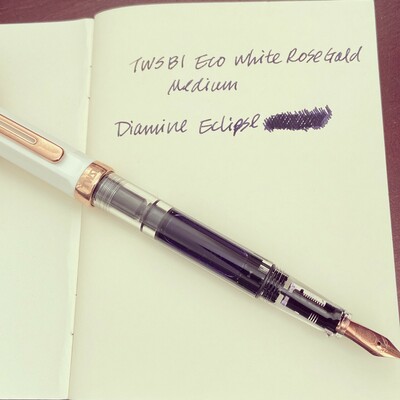TWSBI eco fountain pen in white rosegold on a notebook page that has writings on that says “TWSBI eco white rosegold 
Diamine Eclipse” with some scribbles