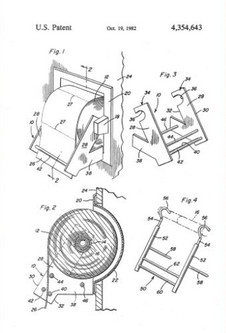 Patent documentation from 1982. Figure 1 shows a toilet roll holder which feeds the toilet roll through a mechanism holding the end in place. Figure 2 is a side-on illustration of the item. Figure 3 shows the object without a toilet roll on it. Figure 4 is a close-up view of the hooks holding the toilet paper in place.