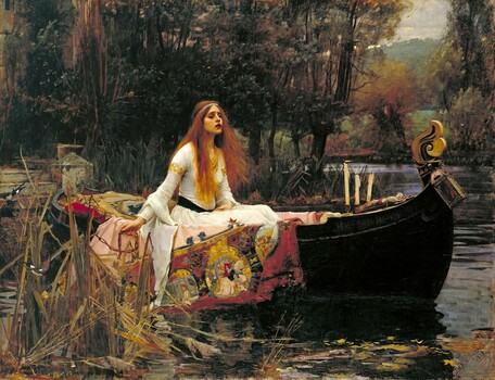 The painting pictures the titular character of Tennyson's poem, also titled The Lady of Shalott (1842). In the poem, the Lady had been confined to her quarters, under a curse that forbade her to go outside or even look directly out of a window; her only view of the world was through a mirror. She sat below the mirror and wove a tapestry of scenes she could see by the reflection. After defying the curse by looking out the window at Camelot, the Lady has made her way to a small boat. This is the moment that is pictured in Waterhouse's painting, as the Lady is leaving to face her destiny. She is pictured sitting on the tapestry she has woven.