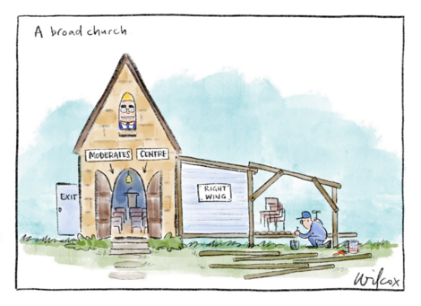 A broad church
We are taken to the church, a small stone building with a John Howard stain-glass winfow, front door open with labels pointing to 
[MODERATES] ↓ [CENTRE] ↓ 
side door EXIT open.
Workman Dutton engaged in extending the
[RIGHT WING]