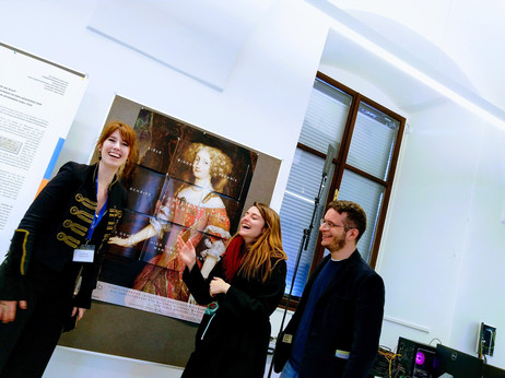 Photograph of @ACDHCH_OeAW's Massimiliano Carloni and @demigrigo@qoto.org (of the @AMP_OeAW team) together with  ÖAW-IHB's @Anna_Spitzbart at the  #wbhdigital2023 poster session.