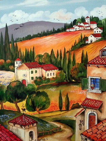 Painting of a valley in the hills of Tuscany, Italy. In the front in the middle of the painting is a green, brown and orange coloured field, with touches of red and white. Right of the field is a light brown house with a red roof and green window shutters. On the left of the field are two smaller light brown houses with red roofs. In the below left you see the red roof of another house. There is a brown sandy path leading to the field. There are multiple green trees in front of the field, and a big row of green coloured trees with touches of orange, behind the field. Behind those trees are two small hills with orange and red coloured fields on them. Between the hills, and on top of the hill on the left are several small white houses with red roofs. Behind those houses is another large row of green trees. On the horizon on the left is a greyish purple mountain. The sky is blue with white clouds and there are several small black birds.