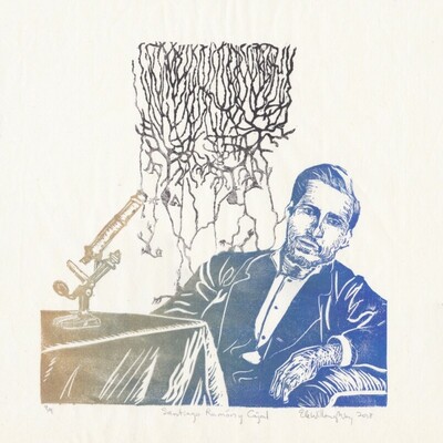 Linocut portrait of Cajal in a gradient of gold (left, where there is a table and microscope) to blue (right, where he is) . Behind him is an image based on his drawing of a Purkinje and granule cell of a pigeon in a gradient of gold to black.
