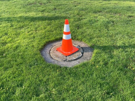 A traffic cone in a park