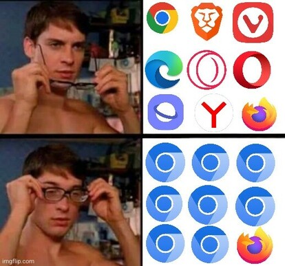 A meme in two parts, based on spider man: Peter Parker looks at a grid of 6 logos representing the major browsers: chrome, brave, Vivaldi, edge, etc... And Firefox.

In the second part, Peter Parker puts his glasses on, and only two browser logos remain: 8 copies of Chrome and a single Firefox.