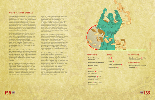 A sample spread of the book, showing a goblin ghost surrounded by floating pages.  Caption: Grand Magister Galbrax