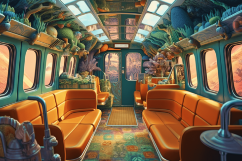 The interior of a postmodern bus; sofa-shaped seats face each other, and the luggage compartments are full of vegetables and undersea life.