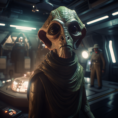 A green-skinned alien with large black eyes stands in a room with electronic panels.