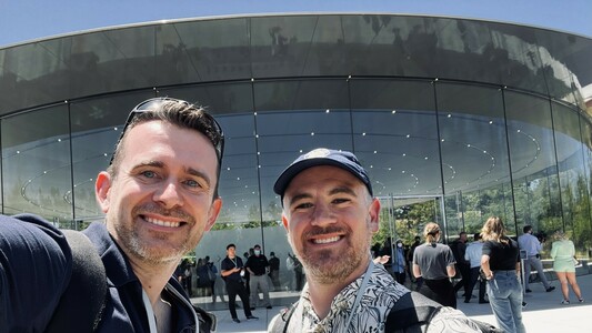 David Smith and Marco Arment standing in front of the Steve Jobs auditorium after the WWDC 2022 Keynote.
