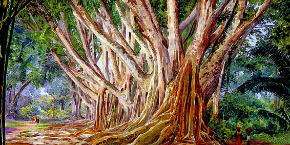 Una immagine di stile divisionistico, raffigurante un bosco di alberi della gomma: In primo piano un albero dal tronco suddiviso in numerosi rami, con radici che scendono al suolo dai rami stessi. In lontananza alcune piccole figure umane rendono l'idea della grandezza di questi alberi tropicali; di sfuggita sulla sinistra alcune piccole palme