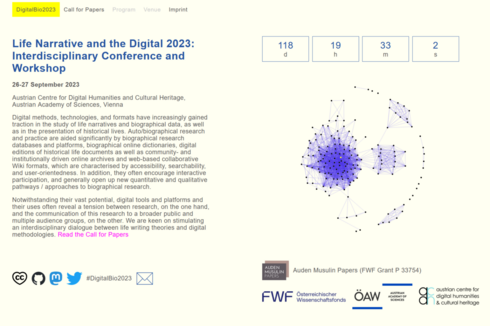 Screenshot of Life Narrative and the Digital 2023 conference website, showing introductory text and countdown timer.