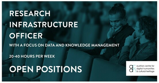 Photograph of an empty row of seats. Behind it, two people are sitting, obviously thinking. They seem to be thinking about how to fill the seats. There's writing on the photo saying "Research Infrastructure Officer with a focus on data and knowledge management, 20-40 hours per week"