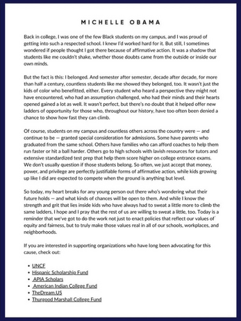 Letter from former First Lady Michelle Obama